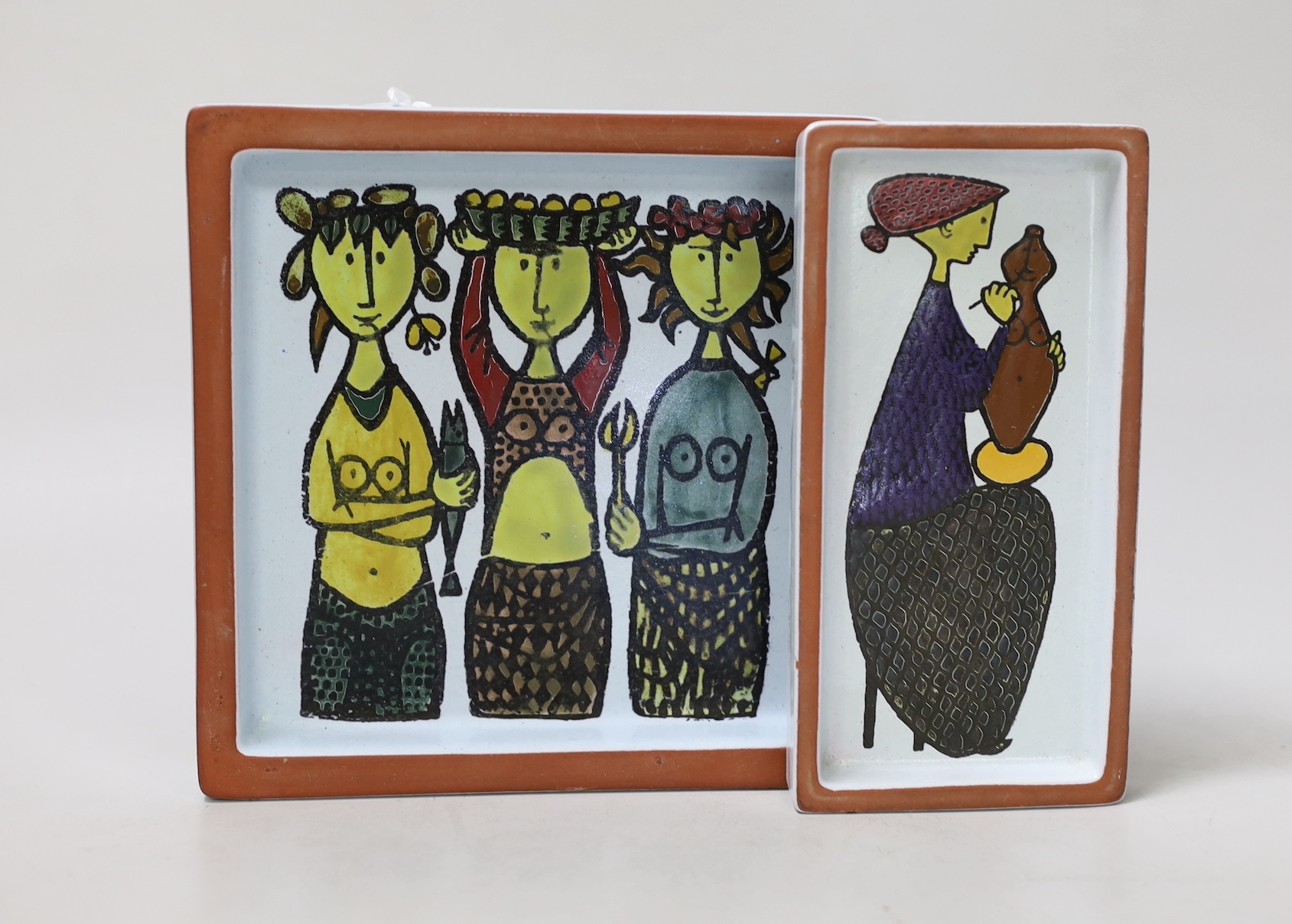 Two Stig Lindsberg “Karnival” figurative dishes manufactured by Gustavsberg of Sweden, largest 16cm x 16cm